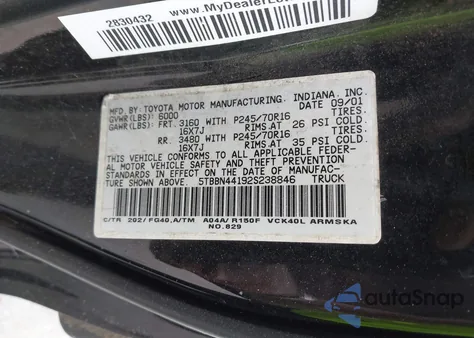 2002 Toyota Tundra Sr5 z USA, uszkodzony, nr VIN 5TBBN44192S238846